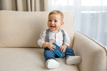 Happy Baby Sitting on a Couch Holding a Phone