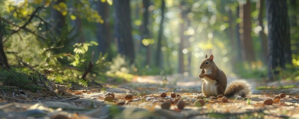 Sun-dappled forest path with a squirrel gathering nuts for the winter, 4K hyperrealistic photo