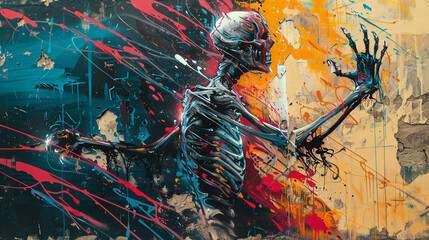A bold graffiti-style wall art of an abstract human figure in motion, with exaggerated features and dynamic lines creating a sense of movement and energy.