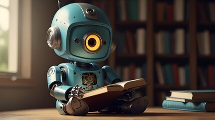 Cute robot with beautiful eyes reading a book, cartoon character, android child, near future, anthropomorphic art  technological progress, education concept. generative.ai