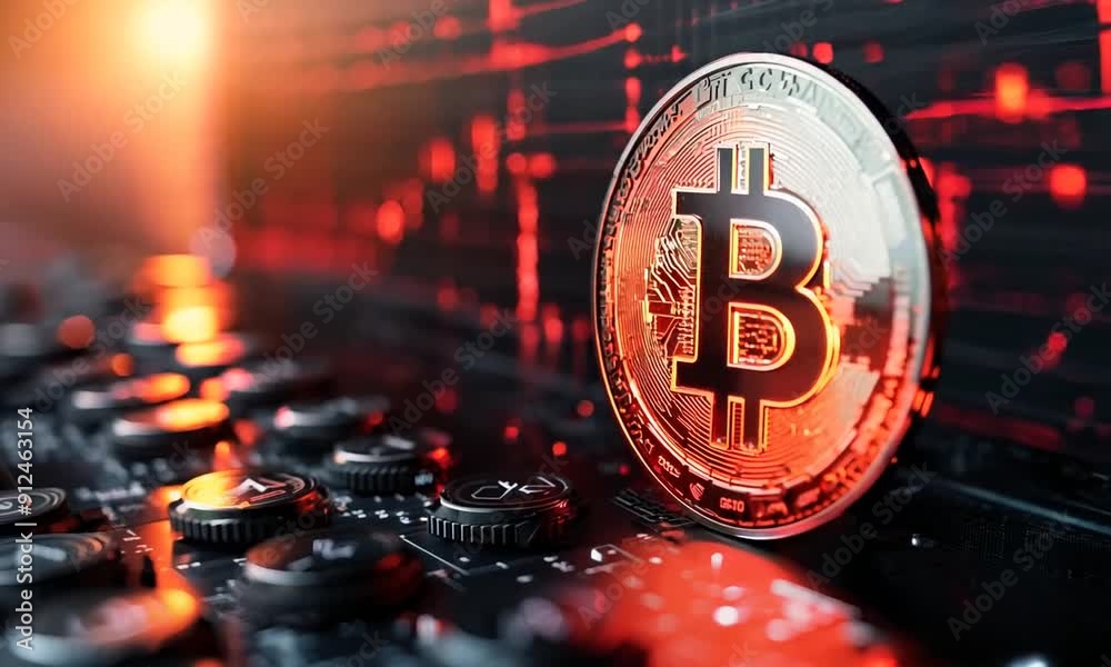 Poster bitcoin cryptocurrency coin on a circuit board