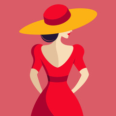 beauty in-a red dress and wide brimmed hat back vector illustration 