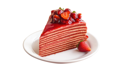 Strawberry layered crepes cake closeup transparent isolated