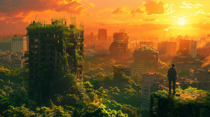 A dynamic digital painting of a post-apocalyptic landscape, with ruined buildings overgrown with vegetation, and a lone figure standing amidst the wreckage, bathed in the warm light of a setting sun.