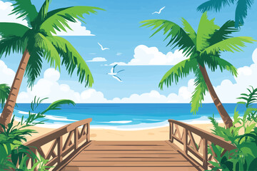 Beach with palm trees and a wooden bridge over the sea background vector illustration