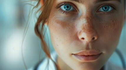 Close-up portrait of a young Swedish female doctor with blue eyes.