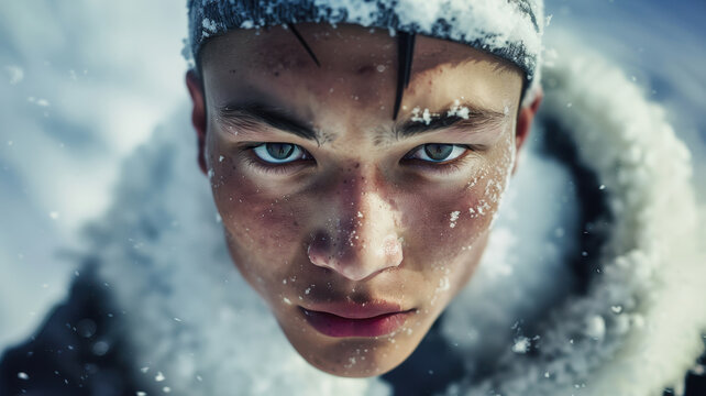 Close-up portrait of a young Yakut male athlete.