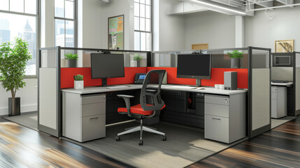 Cubicle: A workspace with partitions creating semi-private areas, balancing employee privacy with the benefits of an open, collaborative office setup.
