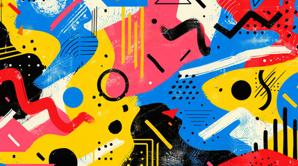A nostalgic wallpaper design inspired by 1980s Memphis style, with bold, abstract shapes in bright primary colors, and a playful, chaotic layout.