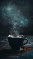 Steaming Hot Coffee Cup Against Dark Moody Background