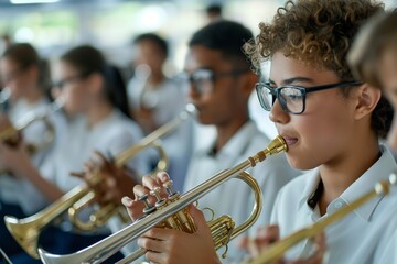 Fototapeta premium A group of young people are playing instruments, including a trumpet. Concept of camaraderie and teamwork, as the group of musicians work together to create music