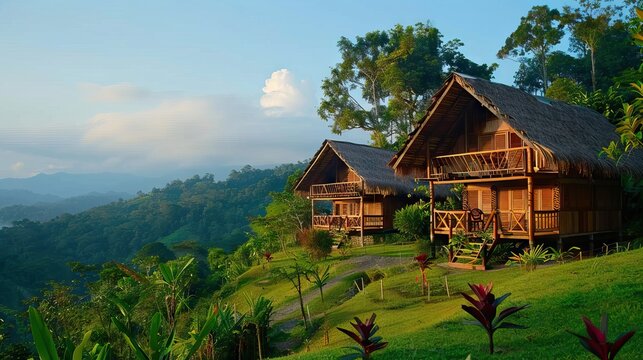 A lush green landscape with a cottage nestled in nature. AI generated illustration