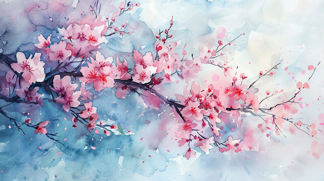 A peaceful watercolor painting of cherry blossoms in full bloom, with soft pink petals delicately floating in the breeze against a pale blue sky. - Powered by Adobe