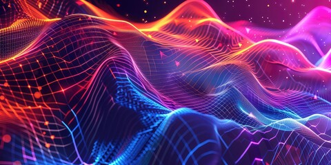 Fototapeta premium Abstract neon waves and grid.