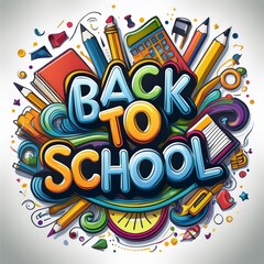 Colorful Back to School Globe and logo with Educational Supplies - Pencils, Notebooks, and Calculator - Ideal for Classroom Decor, School Promotions