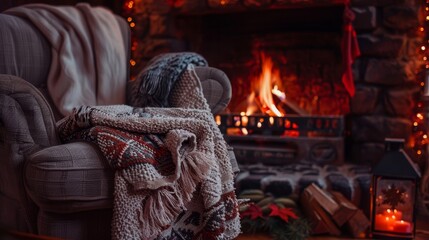 Cozy fireplace with crackling fire, autumn decor, and warm blanket in close up view