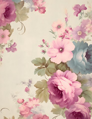 A soft, pastel-colored floral wallpaper featuring large blooms in shades of pink, lavender, and teal. The delicate colors and vintage design create a romantic and serene ambiance.