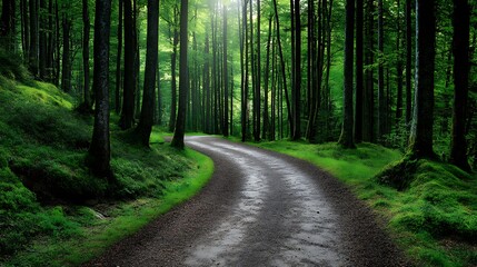 Fototapeta premium Sunlit forest path with dappled light through trees, ideal for adventure themes, more clarity with clear light and sharp focus, high detailed