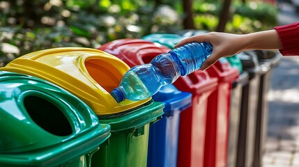 Hand placing plastic bottle into colorful recycling bin, promoting environmental responsibility