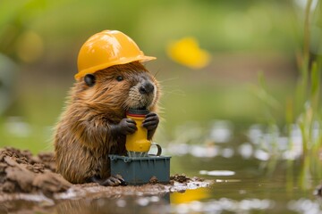 A beaver building a dam holding a tiny toolbox