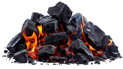 red-hot barbecue charcoal on fire isolated on white background