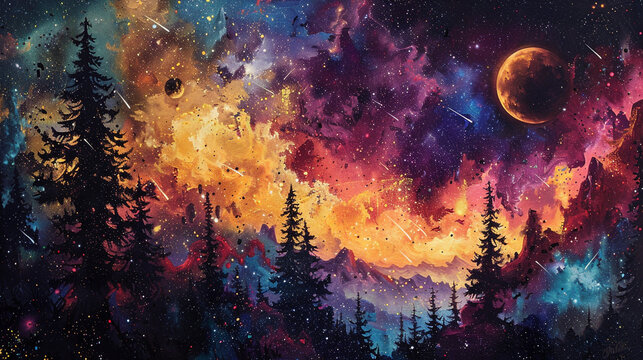 A surreal spray painting of an outer space scene, with planets, stars, and a glowing comet streaking across a deep, colorful nebula.