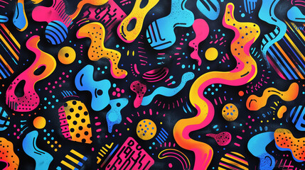 A vibrant retro wallpaper featuring a pattern of irregular, organic shapes in bright neon colors, arranged in a seemingly random yet balanced composition that nods to the 1980s Memphis design style.