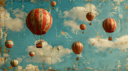 A wallpaper with a nostalgic pattern of vintage hot air balloons floating against a faded sky-blue background, reminiscent of 19th-century travel-themed designs.