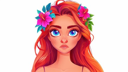 Obraz premium A whimsical 3D illustration of a redhaired girl with bright blue eyes, lost in thought among flowers and leaves.