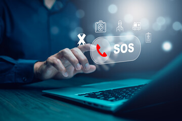 Businessman touch bar SOS Emergency app in home, call phone, Chat message icon, Emergency application from smartphone for elderly, technology concept.Old hand touch mobile phone and call for help.