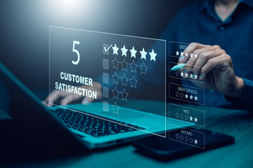Man touch smartphone with Customer review satisfaction feedback survey concept, User give rating to service experience on online application, service leading to reputation ranking of business.