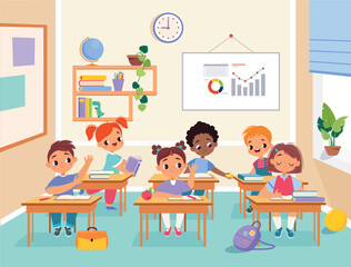 Children at School Sit at Desk Have Lesson Vector Illustration