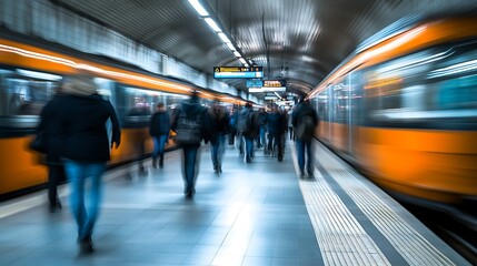 Obraz premium Busy subway station in motion blur during rush hour, contrasting stillness and movement