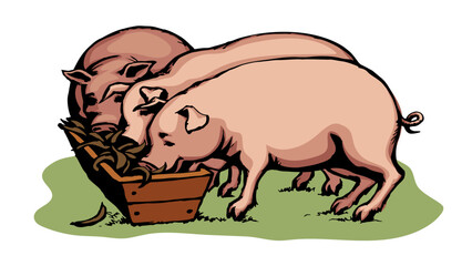 Vector drawing. Pigs eating rhe food