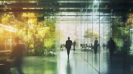 Fototapeta premium Generative AI, people walking on green office space, motion blur effect, environment concept