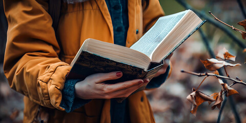 Close-up a person reading a book, with their hands holding the book open, with la tree branch with autumn leaves in the background.