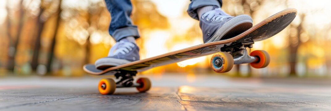 Close-Up Of Skateboarder Riding Skateboard On Concrete Path With Motion Blur, Low Angle View