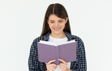 Photo of optimistic cute long hairdo lady reading book wear spectacles blue shirt isolated on white color background