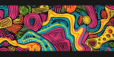 Abstract colorful doodle art on a black background.