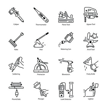 Collection of Line Style Construction Tools Icons 

