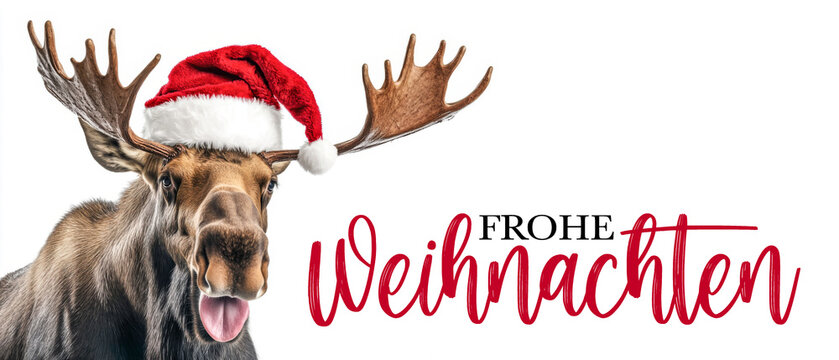 Frohe Weihnachten Urlaub Winter Hintergrund Gru&szlig;karte mit deutschem Text - Witziger Elch mit rausgestreckter Zunge und Nikolausm&uuml;tze Weihnachtsmannm&uuml;tze, isoliert auf wei&szlig;em Hintergrund