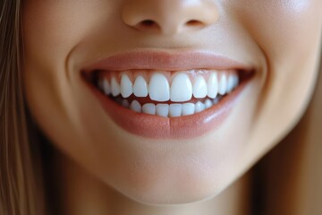 closeup of a dazzling smile with perfect teeth soft focus dental tools in background clean clinical aesthetic with warm reassuring tones for a welcoming dental care concept
