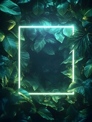 Fototapeta premium A neon frame with tropical leaves glows green on a dark background, creating a magical atmosphere. The luminous stands out amid lush greenery, perfect for social media, evoking exotic magic.