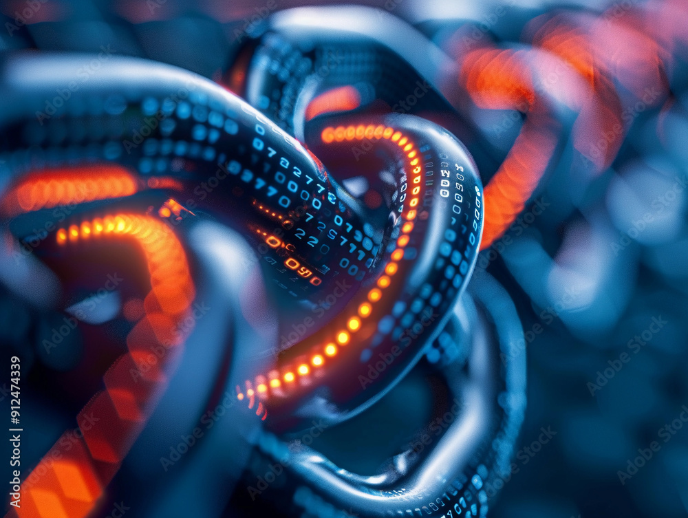 Poster intricate close-up of interlinking chains with data streams illuminated in nighttime environment