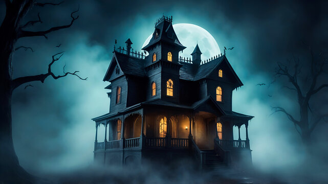 Halloween wallpaper featuring a haunted house with glowing windows and a spectral, dark aura surrounding it