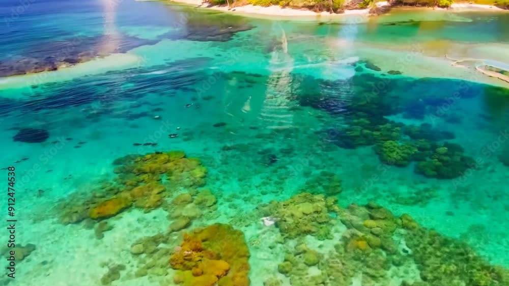 Wall mural beautiful beach view with tuna visible in the clear water.