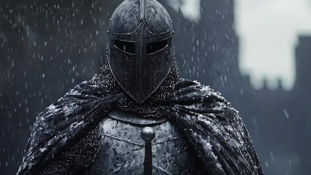A lone knight stands resilient in the harsh winter landscape, clad in armor and holding a sword, surrounded by falling snowflakes