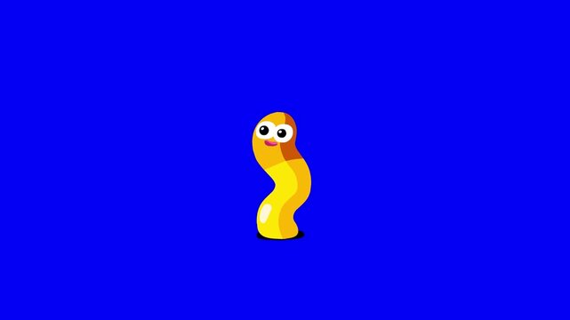 Yellow orm cartoon animation blue screen background. Peek-a-boo! I am here! Color happy earthworm character animal isolated.