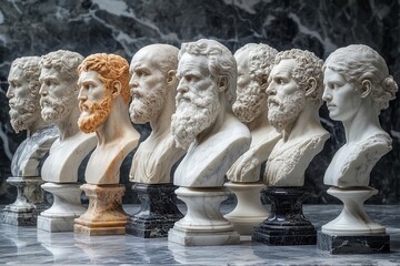 collection of intricately detailed marble busts representing various philosophers arranged dramatically with chiaroscuro lighting