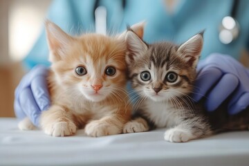 compassionate veterinarian examining adorable puppy and kitten on modern exam table stateoftheart clinic with soft lighting conveys professional care and animal welfare